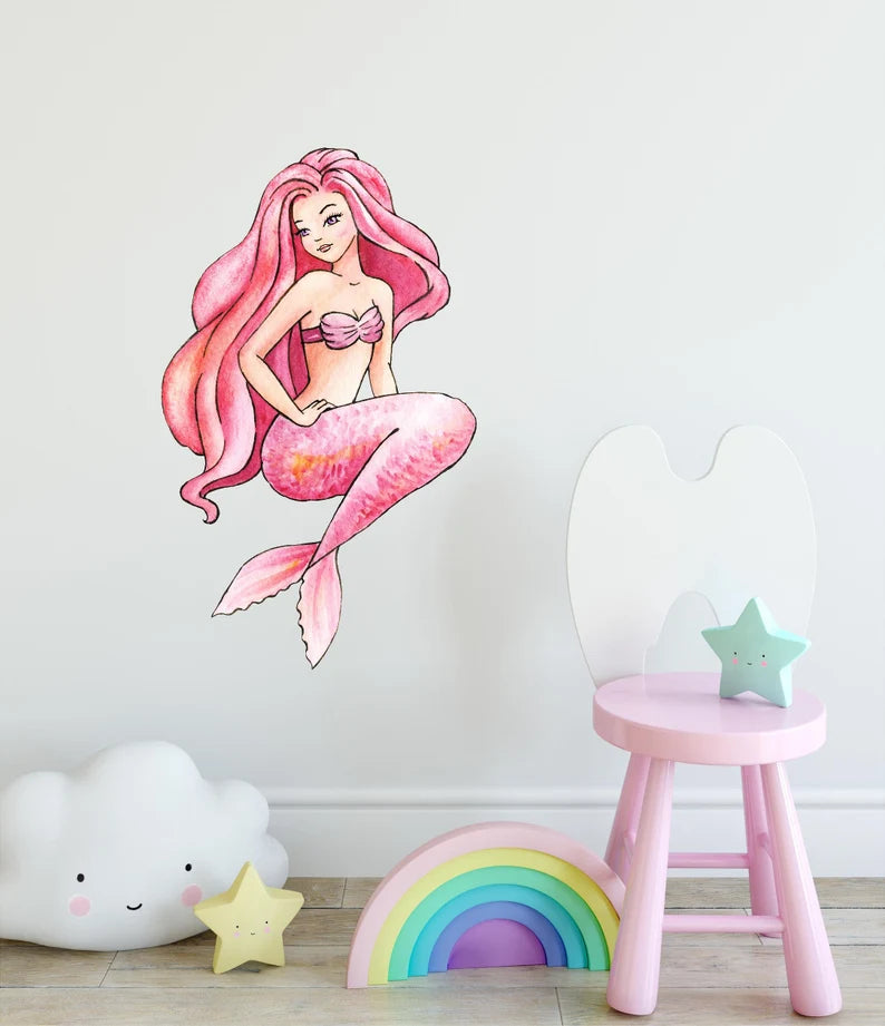 Watercolor Pink Mermaid Wall Decal Mermaid Wall Sticker | DecalBaby