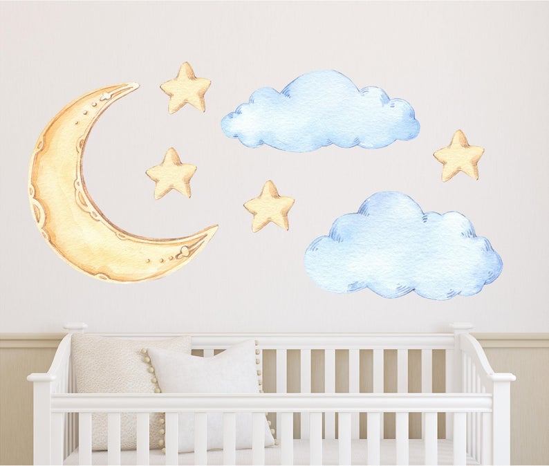 Sweet Dreams Moon Clouds & Stars Wall Decal Set Removable Fabric Vinyl Wall Stickers for Baby Nursery Room