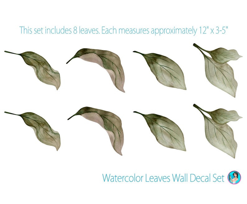 Watercolor Leaves Wall Decal Set Removable Fabric Vinyl Wall Stickers Floral Nursery Decor