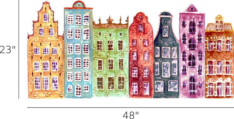 Watercolor Houses #2 Wall Decal European Colorful Apartments Scandinavian Removable Fabric Vinyl Wall Stickers Playroom Wall Art