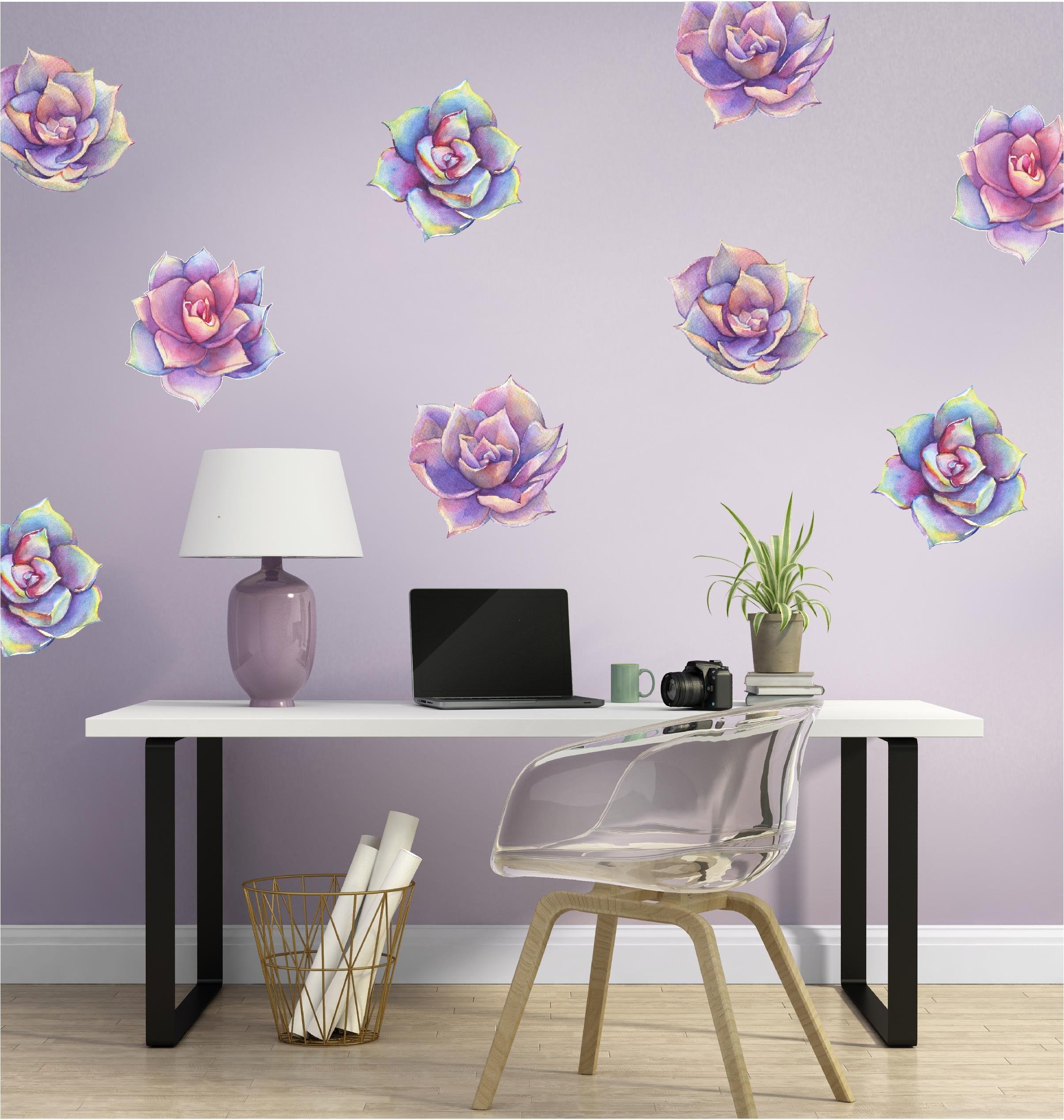 Watercolor Purple Rainbow Succulents Wall Decal Set of 4 Floral Removable Fabric Vinyl Wall Stickers