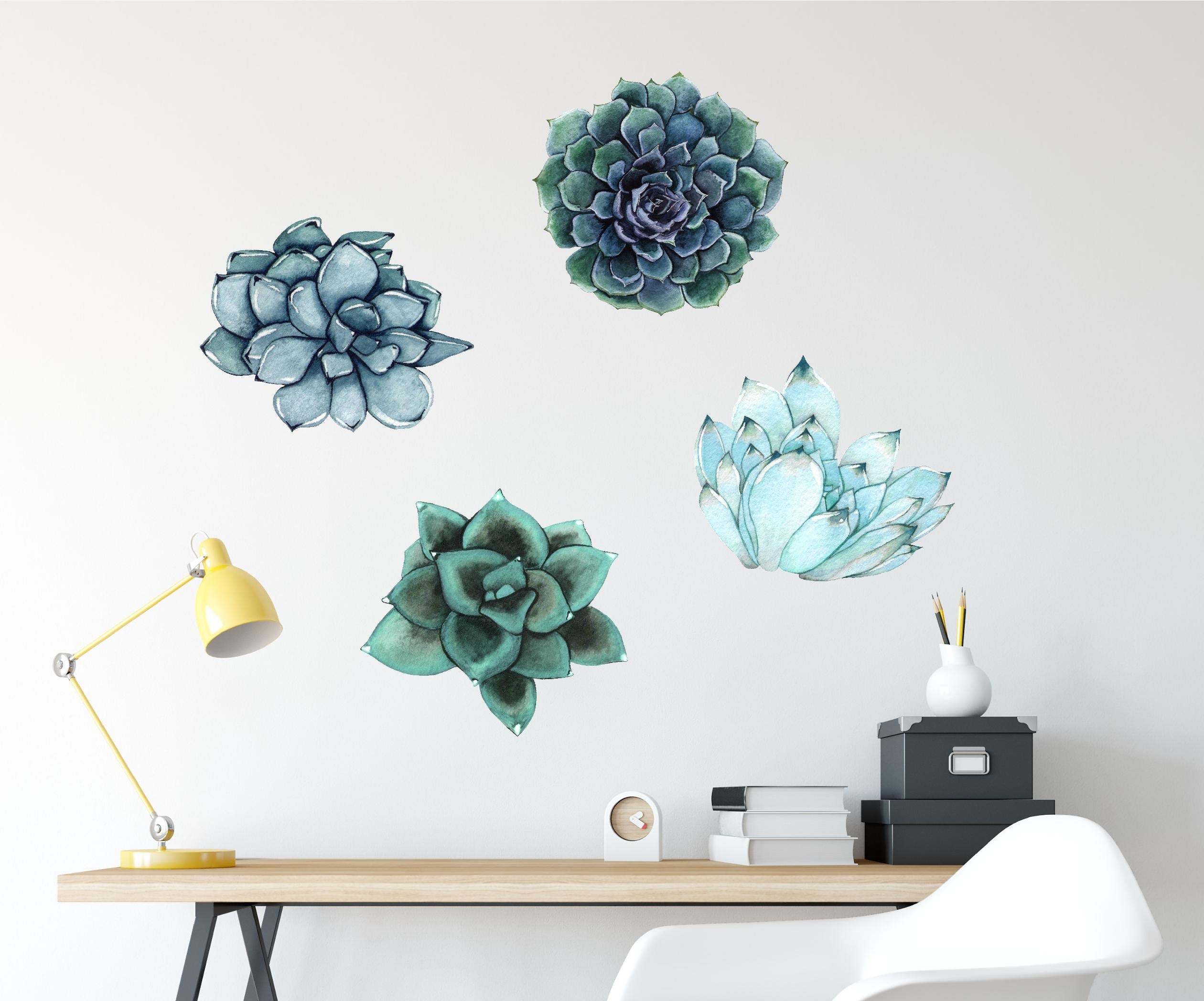 Watercolor Blue Succulents Wall Decal Set of 4 Floral Removable Fabric Vinyl Wall Stickers