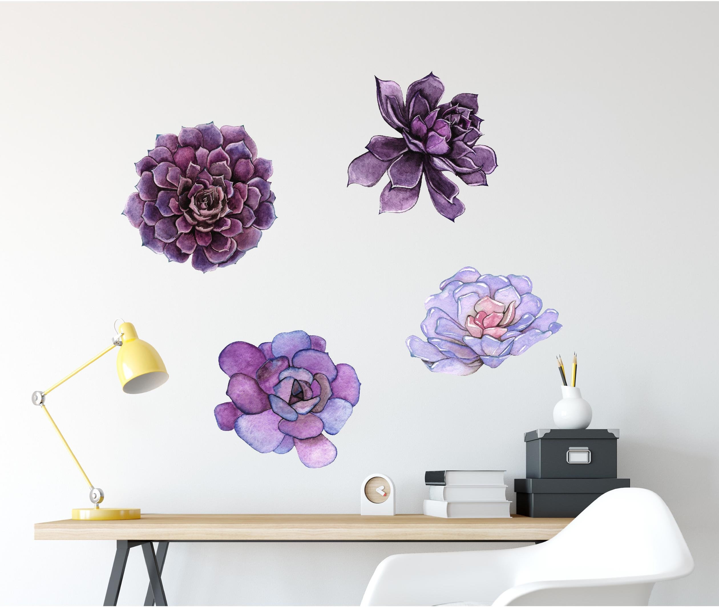 Watercolor Purple Succulents Wall Decal Set of 4 Floral Removable Fabric Vinyl Wall Stickers