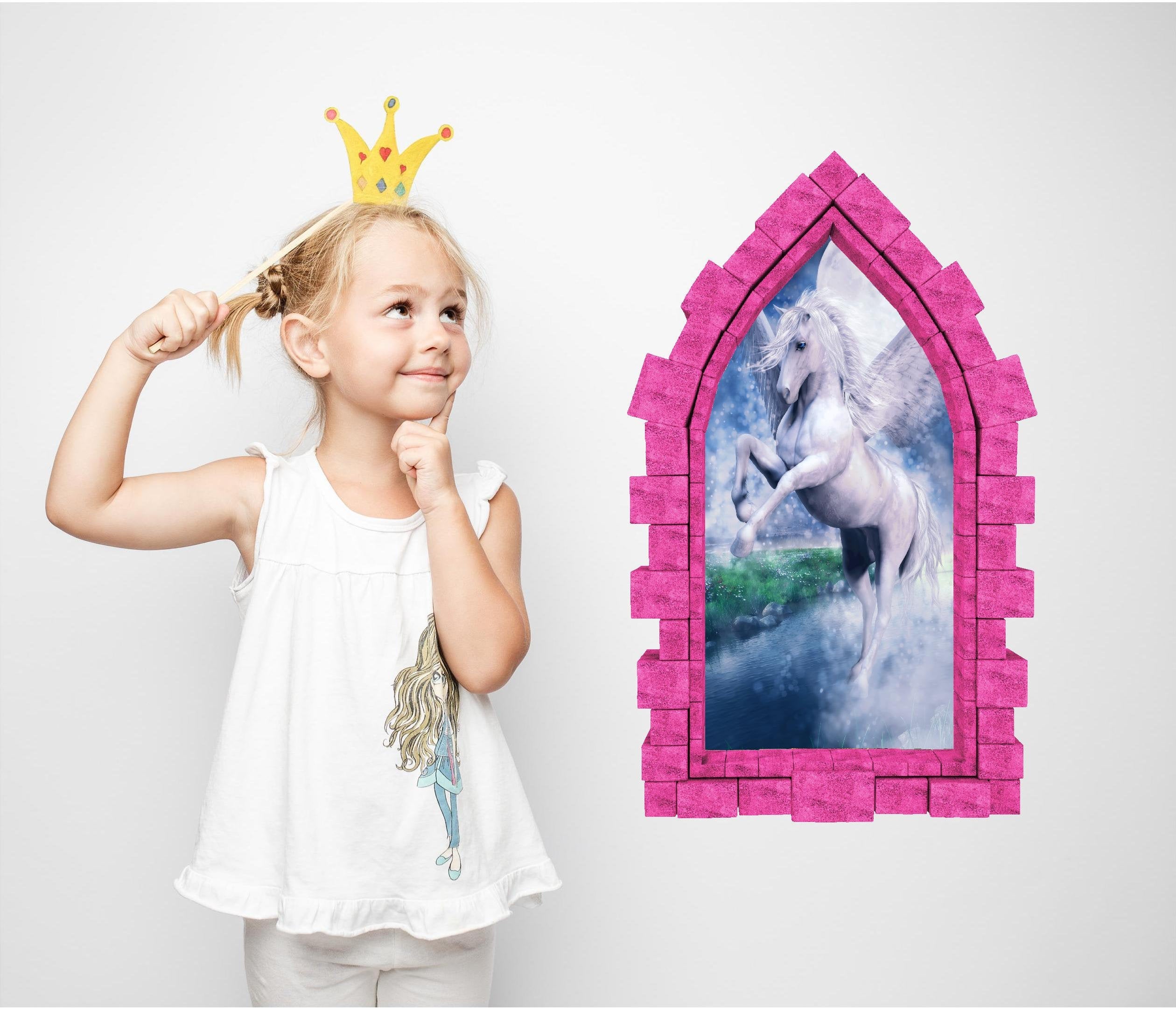 3D Castle Window Moonlight Unicorn Wall Decal Removable Fabric Vinyl Wall Sticker