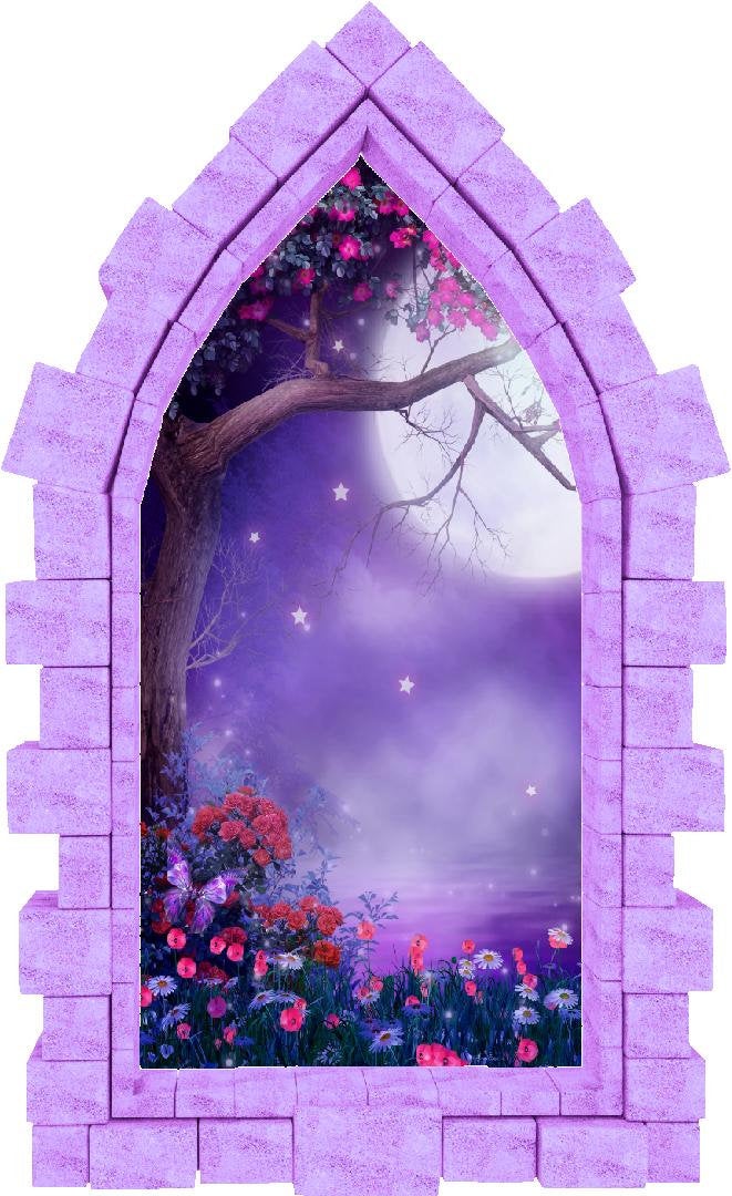 3D Castle Window Foggy Purple Moonlight Wall Decal Removable Fabric Vinyl Wall Sticker