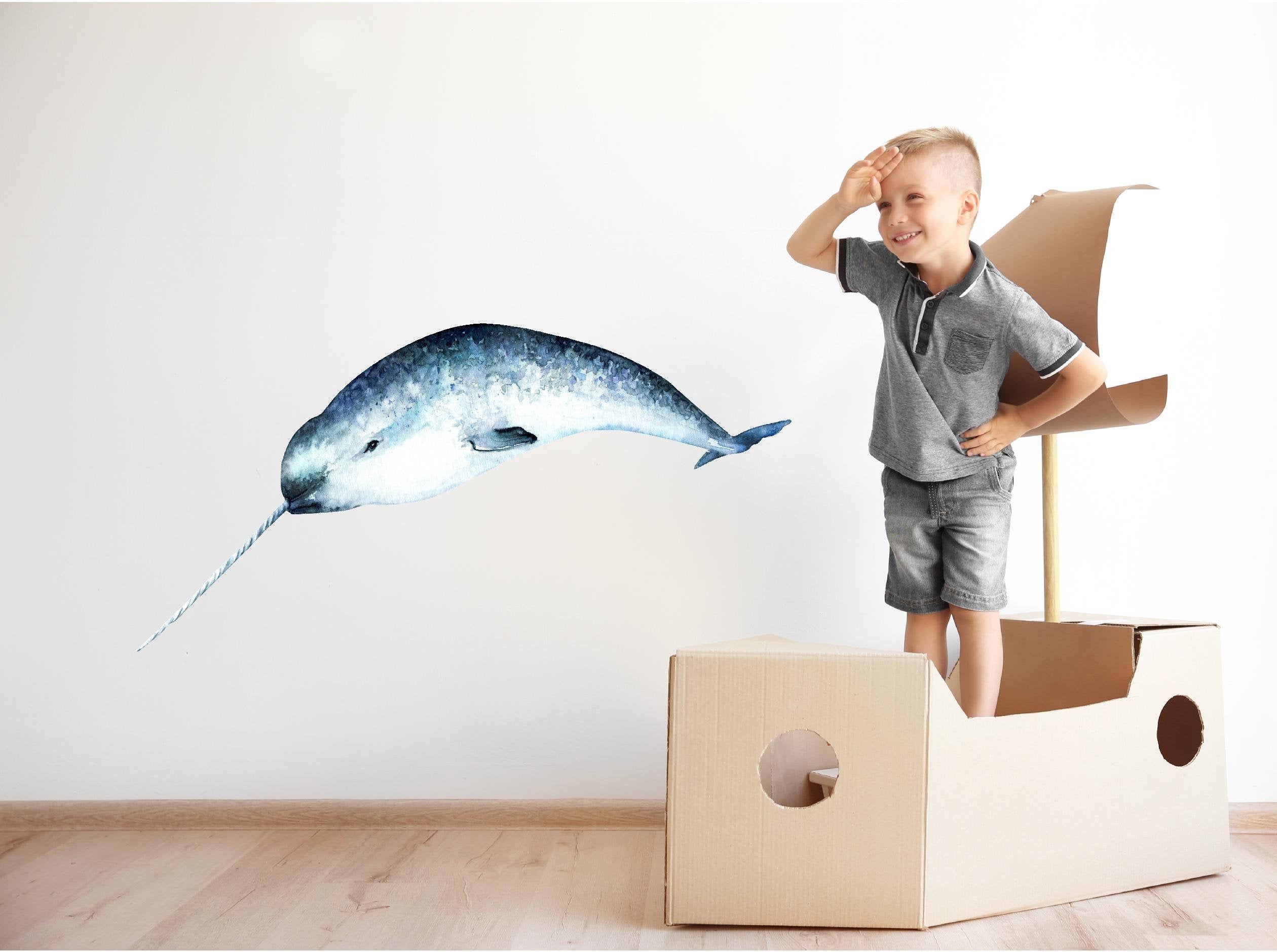 Watercolor Narwhal Wall Decal Blue Sea Unicorn Removable Fabric Vinyl Wall Sticker