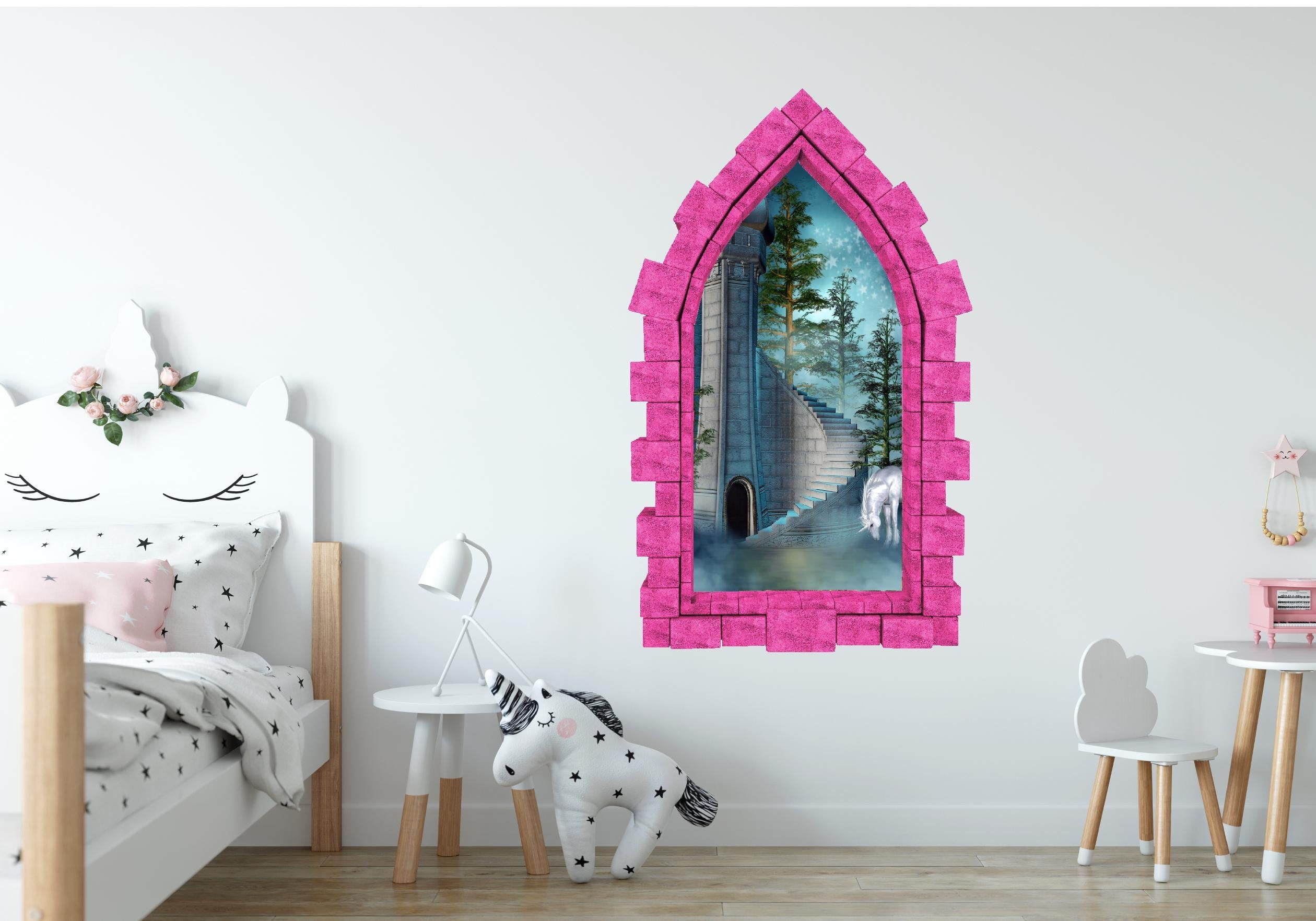 3D Castle Window Enchanted Unicorn Castle Wall Decal Removable Fabric Vinyl Wall Sticker