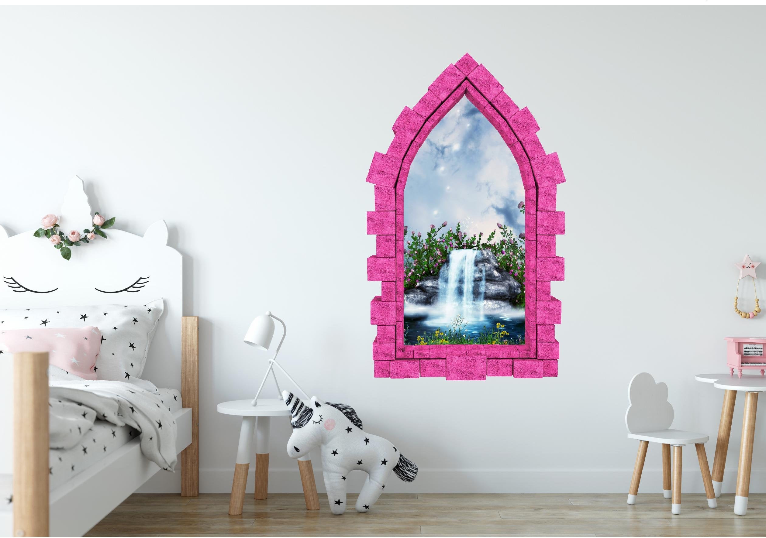 3D Castle Window Stone Waterfall Wall Decal Fairy Tale Removable Fabric Vinyl Wall Sticker