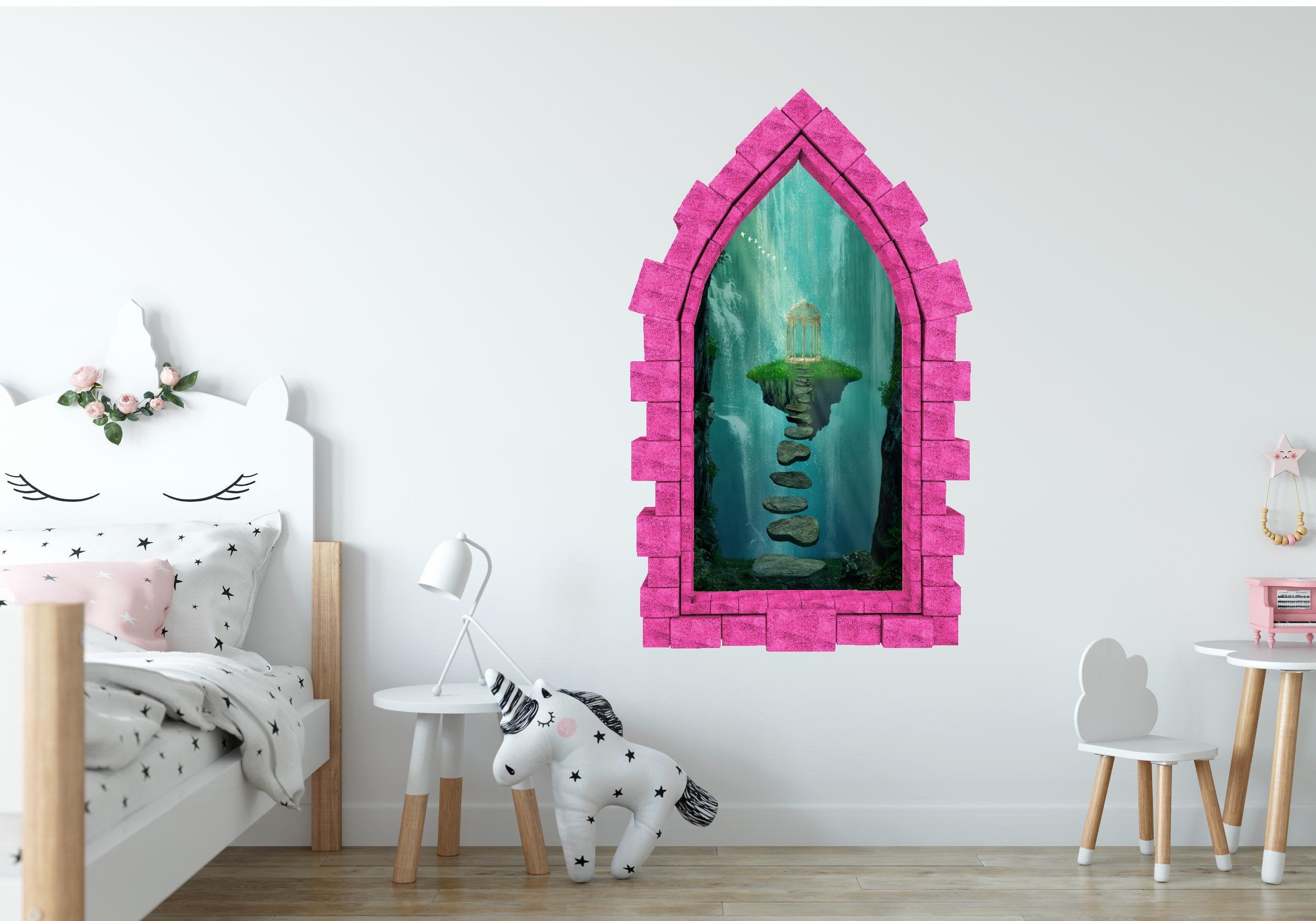 3D Castle Window Floating Gazebo Wall Decal Fantasy Removable Fabric Vinyl Wall Sticker