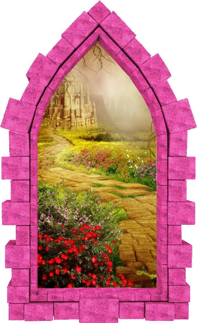 3D Castle Window Yellow Brick Road Castle Wall Decal Fantasy Removable Fabric Vinyl Wall Sticker