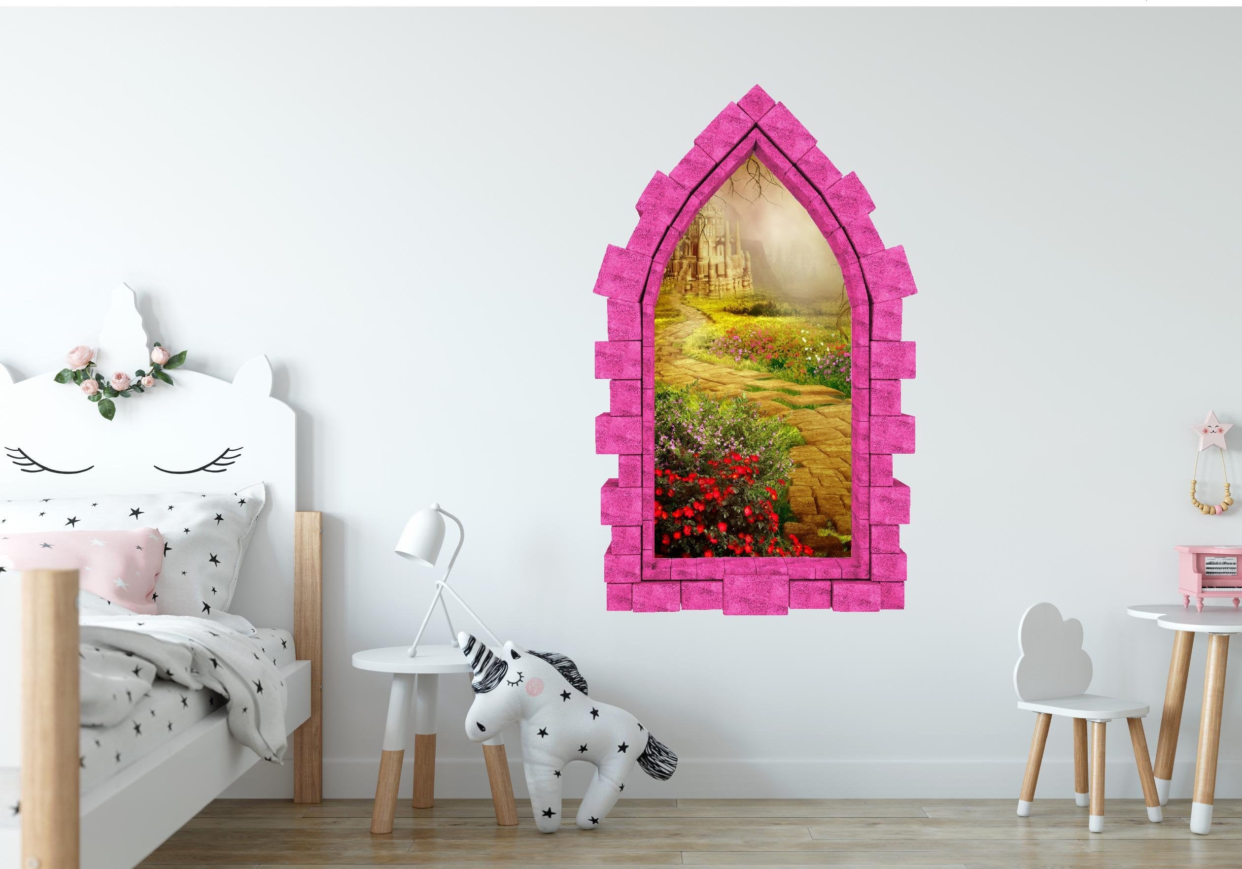 3D Castle Window Yellow Brick Road Castle Wall Decal Fantasy Removable Fabric Vinyl Wall Sticker