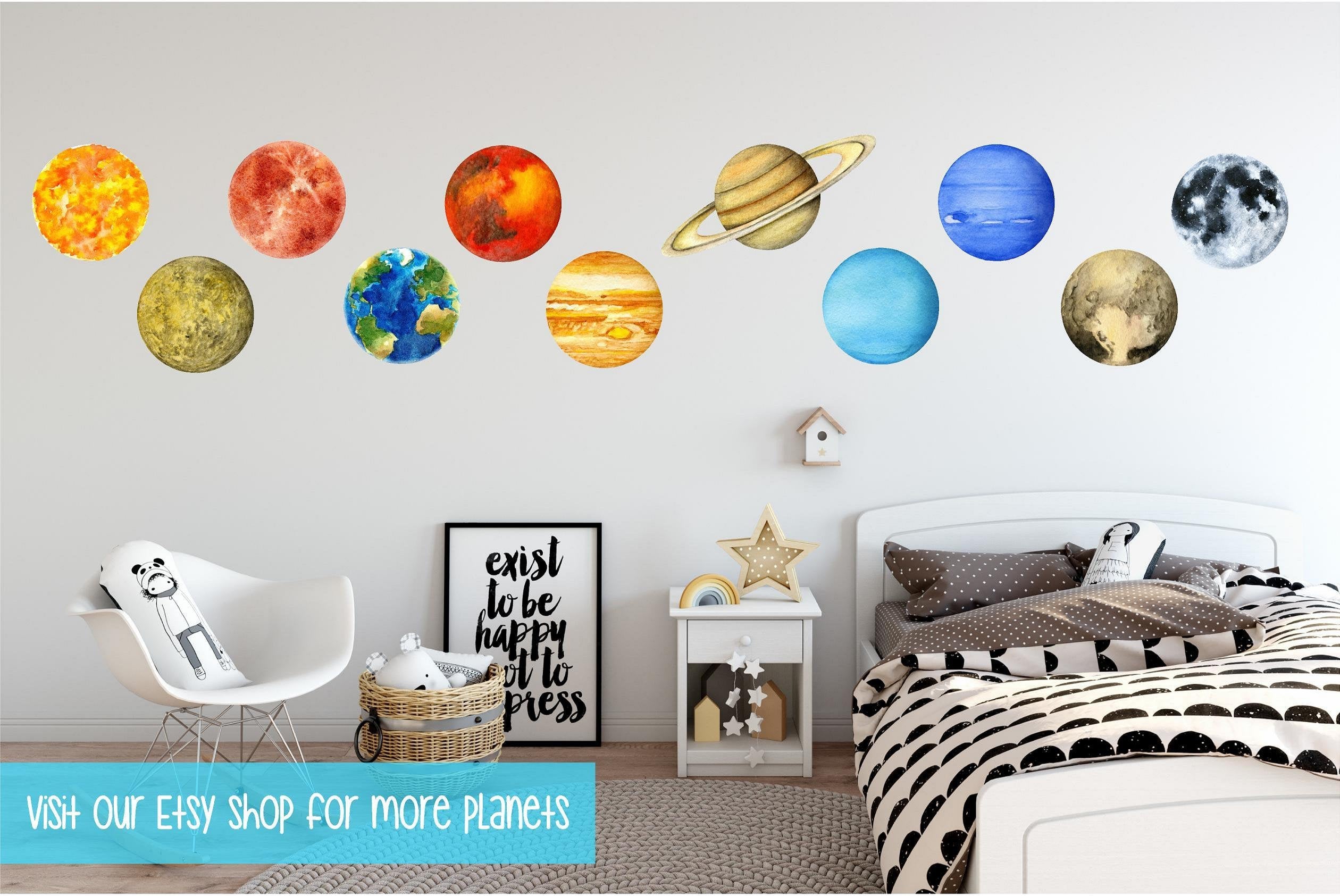 Planet Earth Wall Decal Removable Watercolor Solar System Planets Space Fabric Vinyl Wall Sticker Boys Nursery