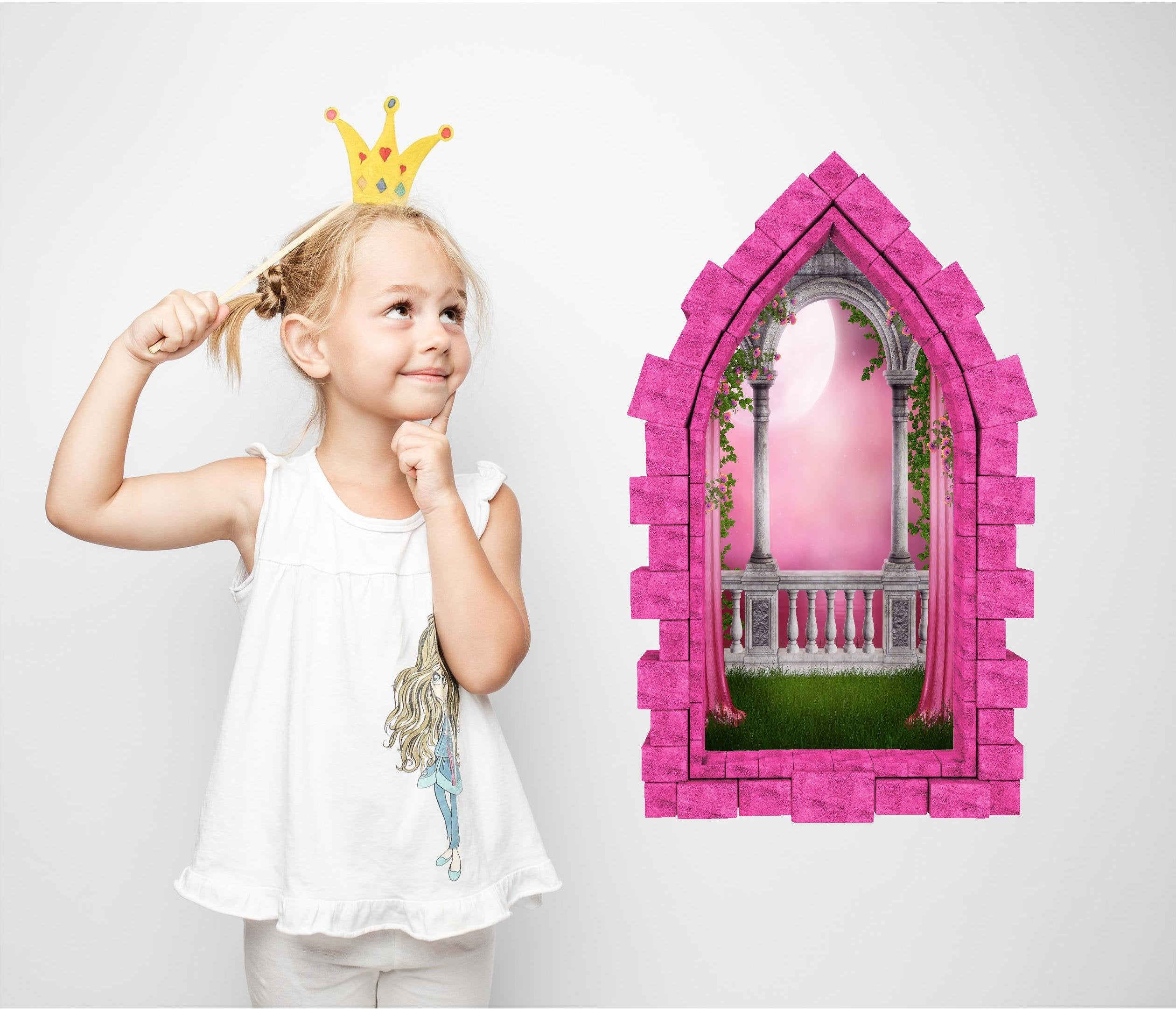 3D Castle Window Fairy Tale Princess Balcony Wall Decal Removable Fabric Vinyl Wall Sticker
