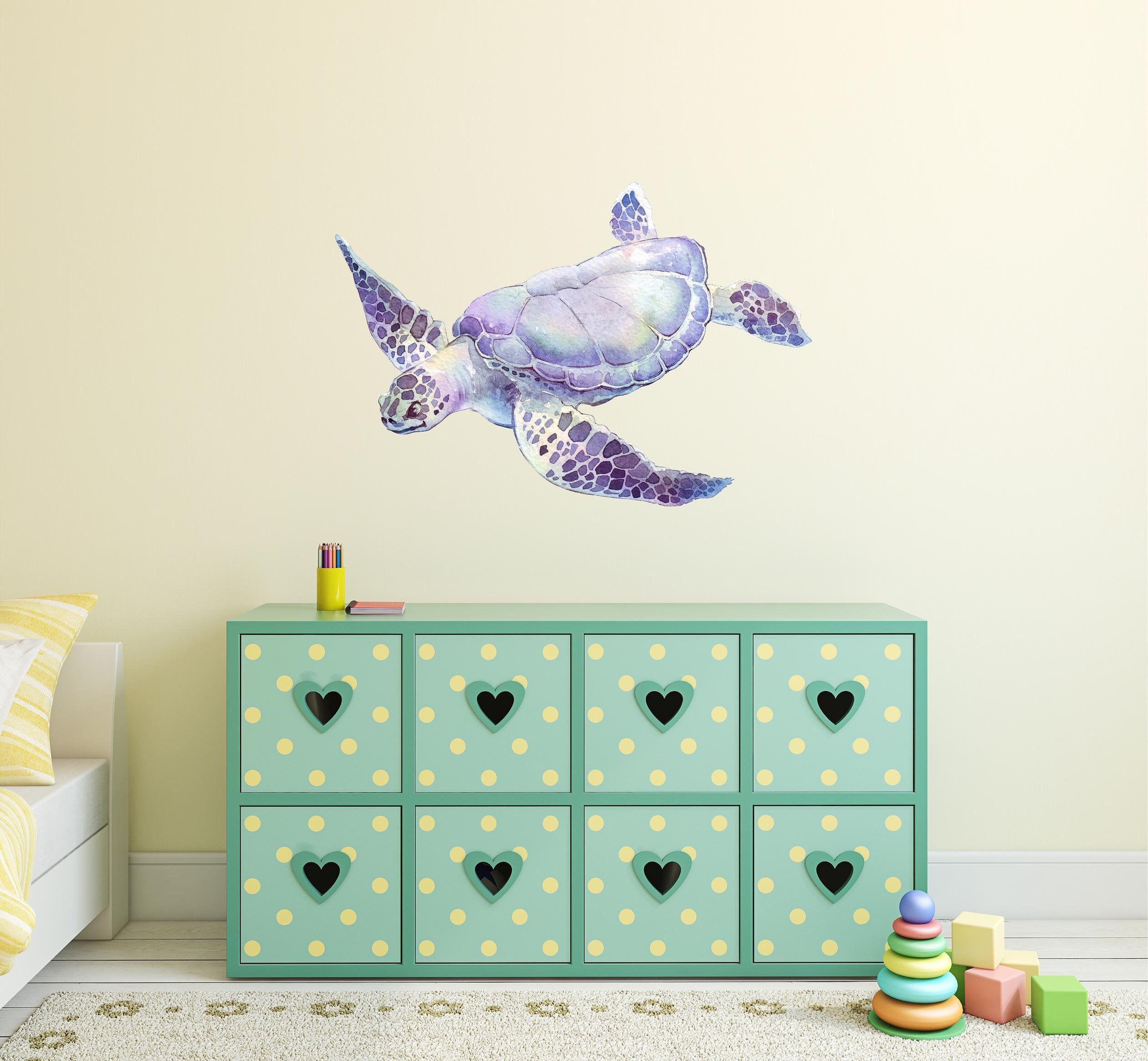 Purple Sea Turtle Wall Decal Removable Watercolor Sea Animal Fabric Vinyl Wall Sticker