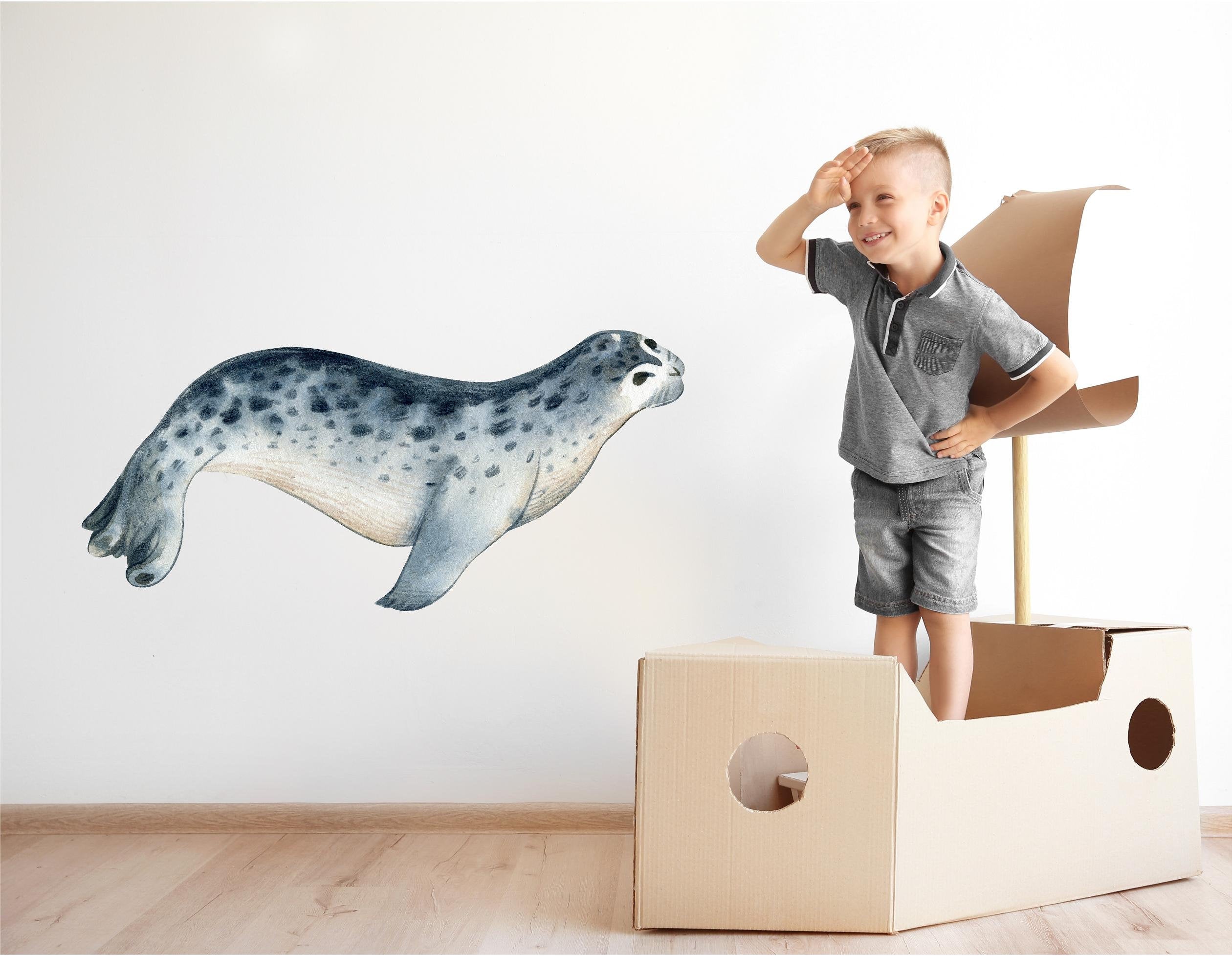 Watercolor Seal Wall Decal Removable Fabric Vinyl Navy Blue Sea Animal Wall Sticker