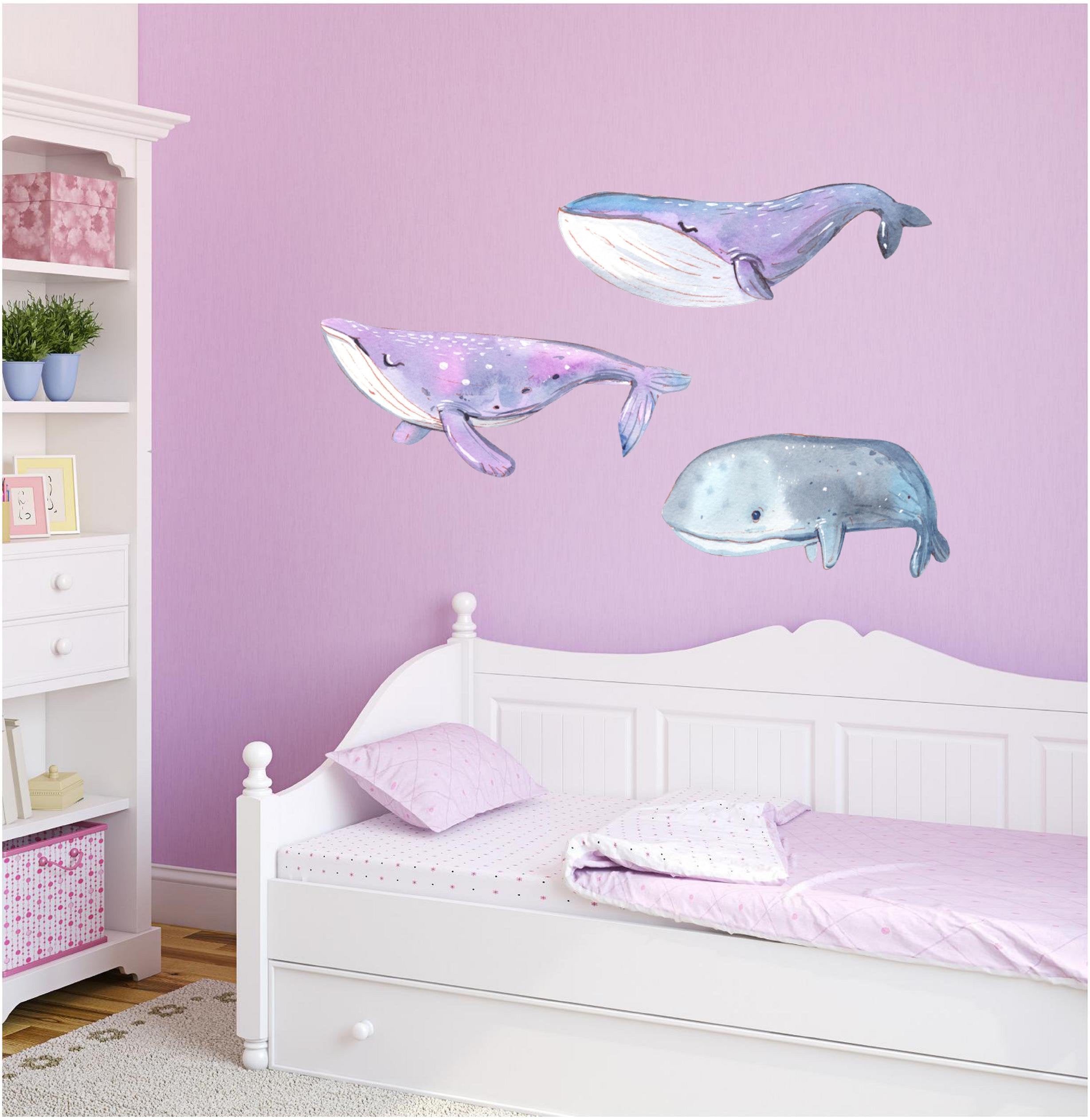 Watercolor Sleepy Whale Wall Decal Set Whimsical Removable Fabric Vinyl Wall Stickers