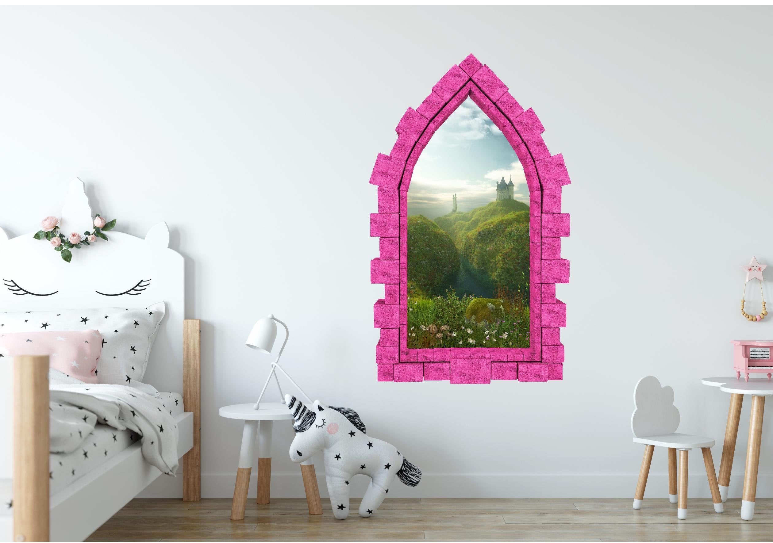 3D Castle Window Castle by the Sea Wall Decal Removable Fabric Vinyl Wall Sticker