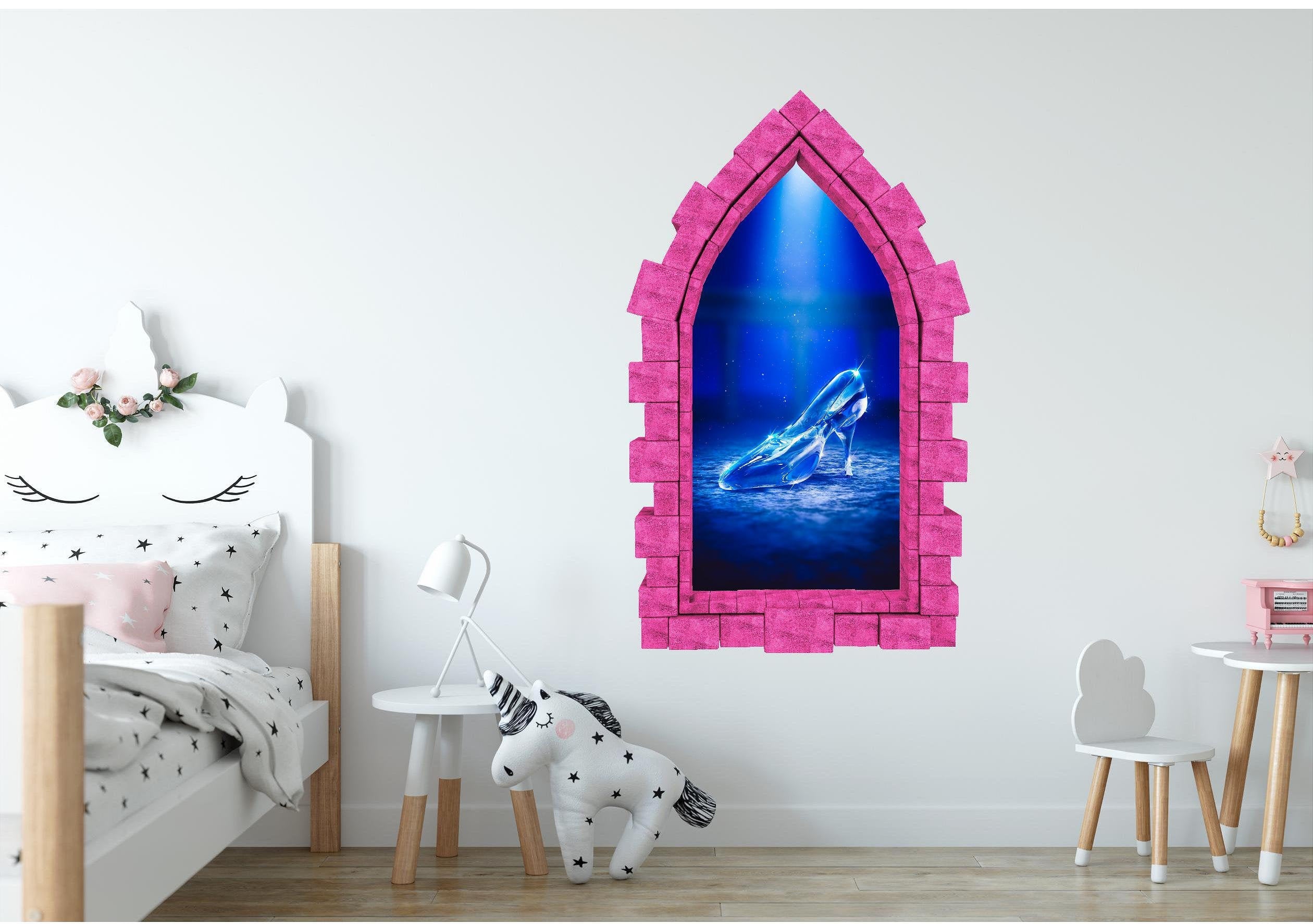 3D Castle Window Cinderella Glass Slipper Wall Decal Removable Fabric Vinyl Wall Sticker