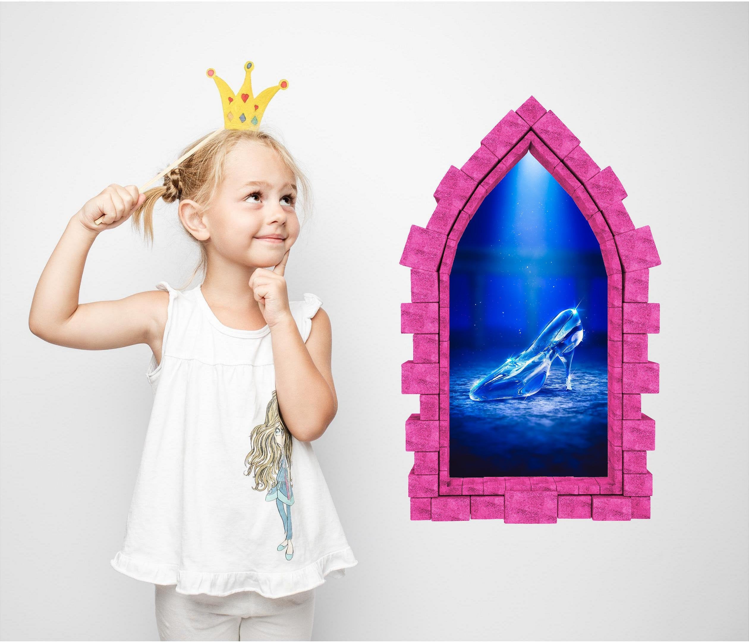 3D Castle Window Cinderella Glass Slipper Wall Decal Removable Fabric Vinyl Wall Sticker