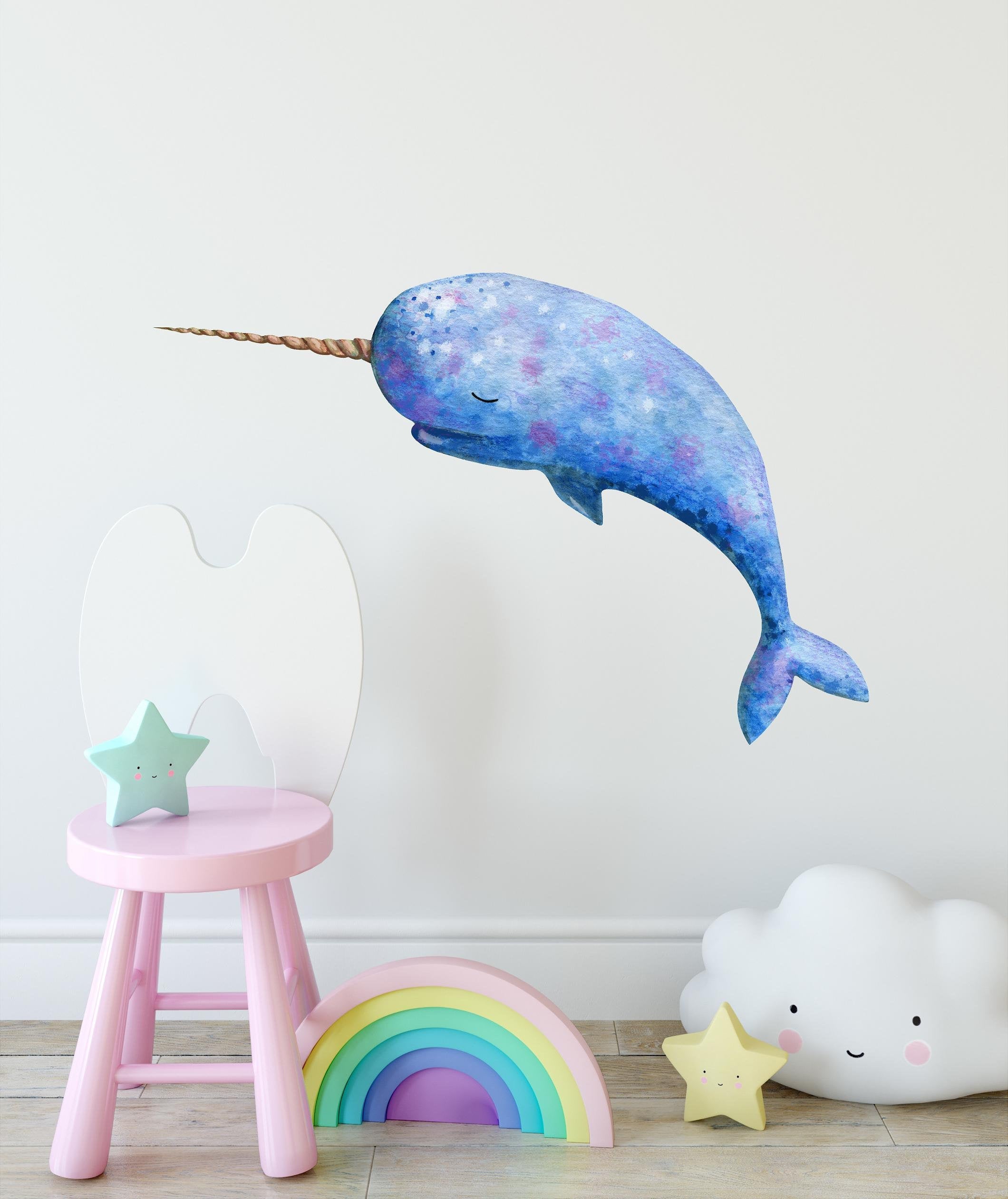 Sleepy Narwhal Watercolor Wall Decal Whimsical Removable Fabric Vinyl Wall Sticker
