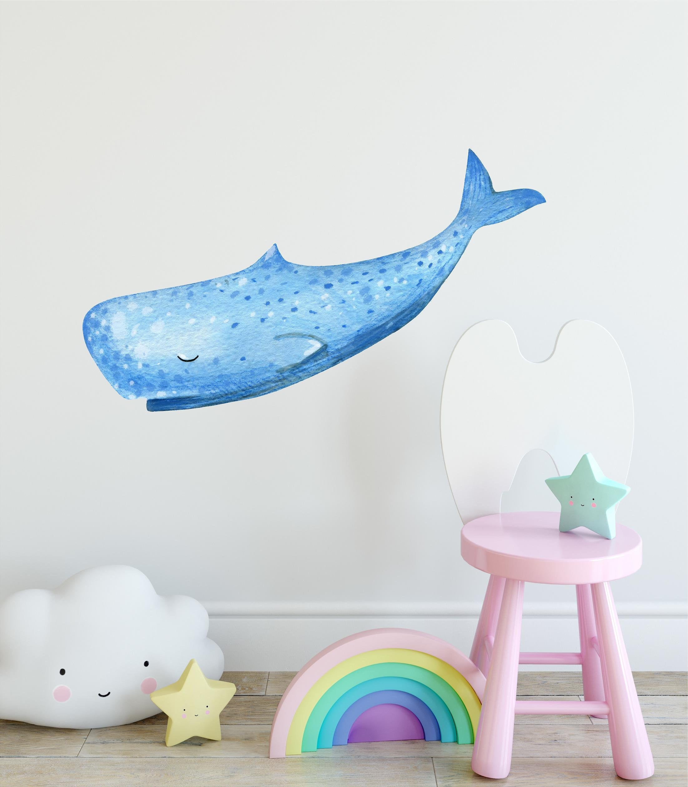 Sleepy Whale Watercolor Wall Decal Whimsical Removable Fabric Vinyl Wall Sticker