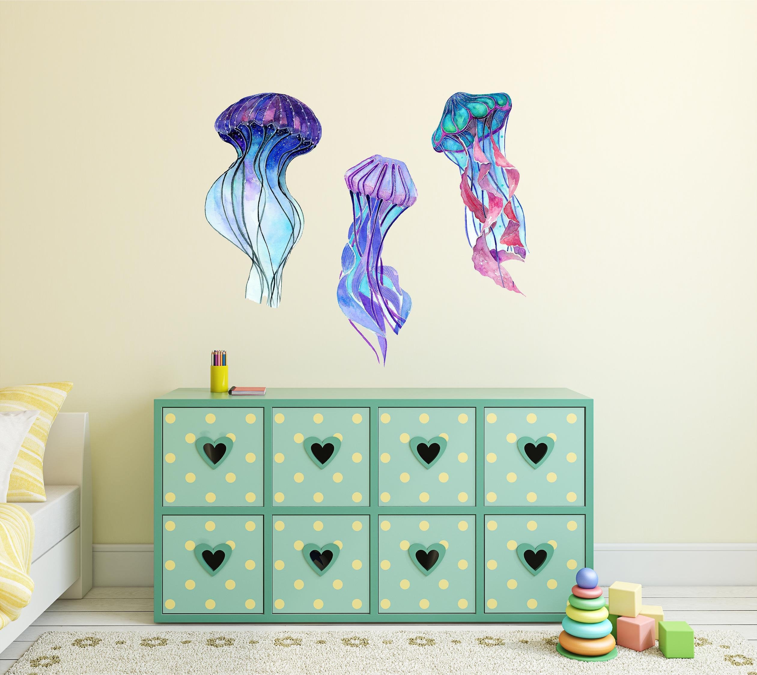 Watercolor Jellyfish Wall Decal Set Ocean Sea Life Animals Removable Fabric Vinyl Wall Stickers