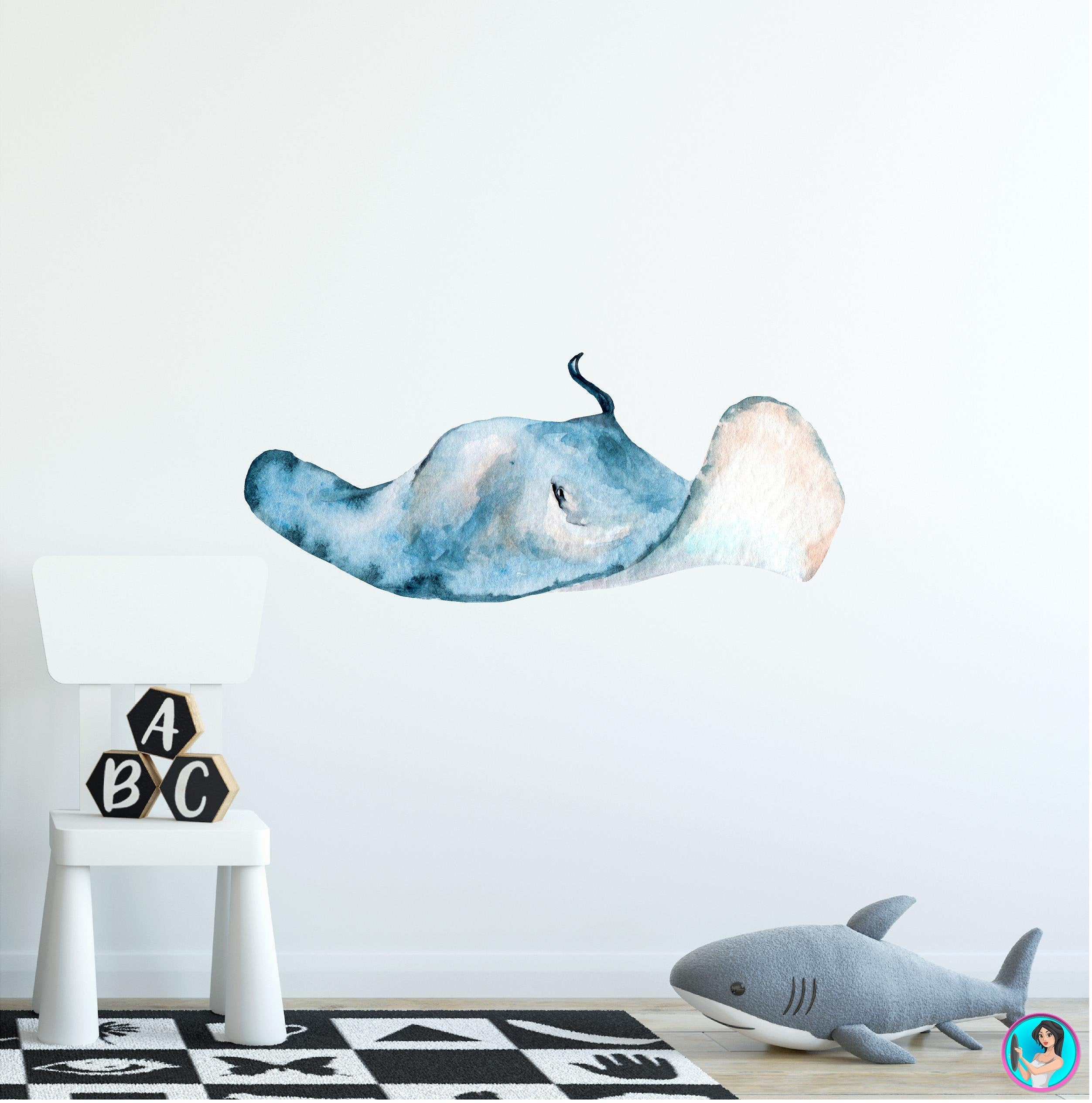 Watercolor Stingray Wall Decal Sea Animal Removable Fabric Vinyl Wall Sticker