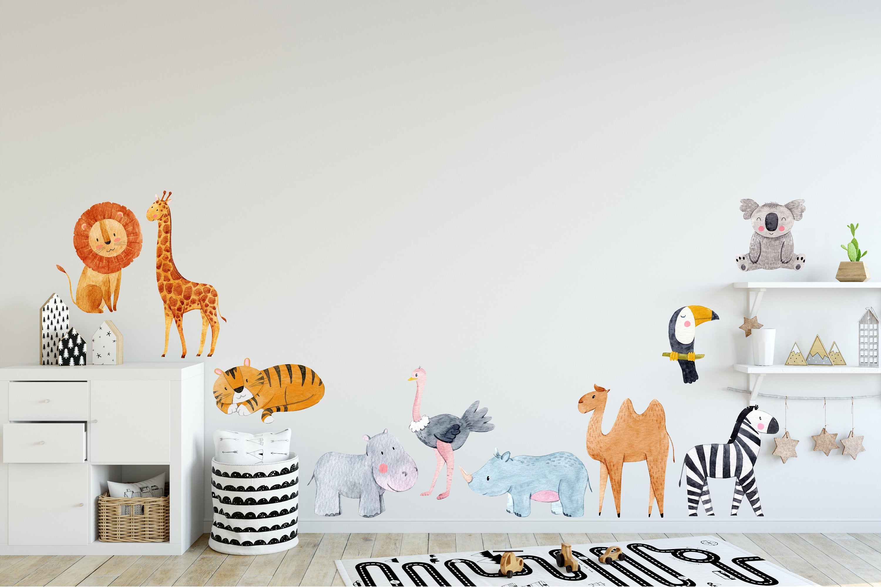 Safari Animals Watercolor Wall Decal Set Removable Fabric Vinyl Wall Stickers for Kids