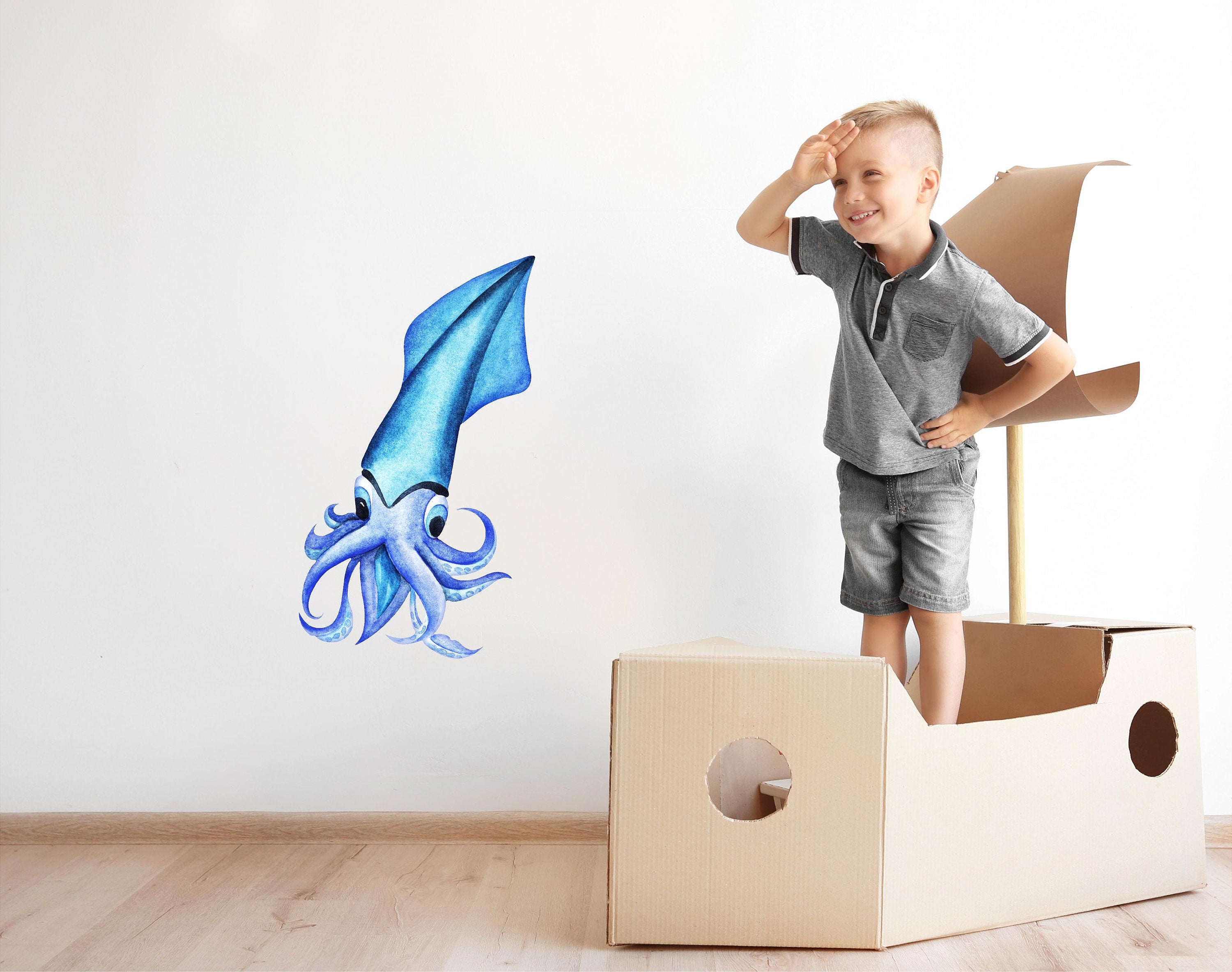 Watercolor Blue Squid Wall Decal Removable Sea Animal Fabric Vinyl Wall Sticker