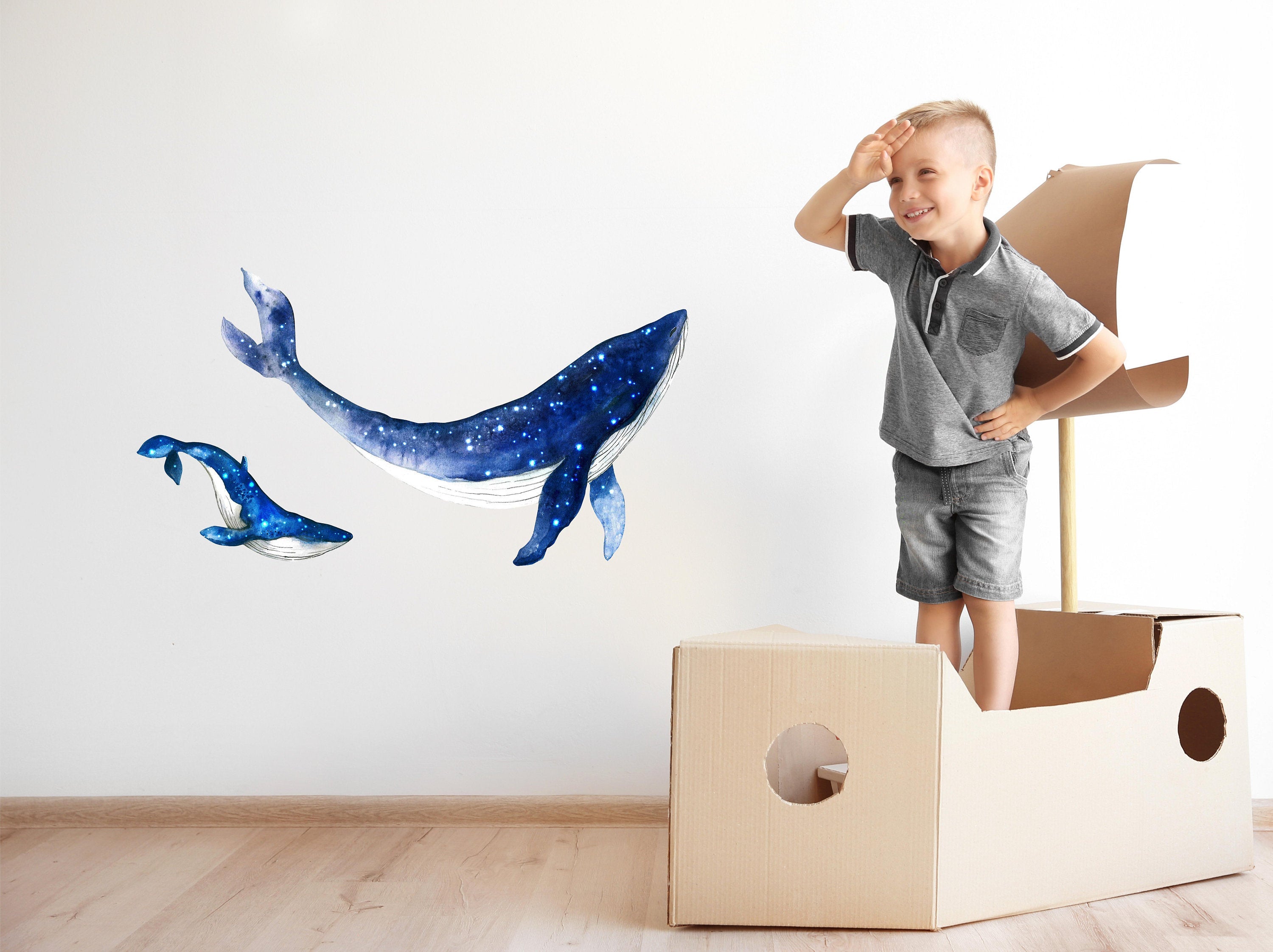 Watercolor Galaxy Whales Mother & Baby Wall Decal Set Removable Fabric Vinyl Wall Stickers