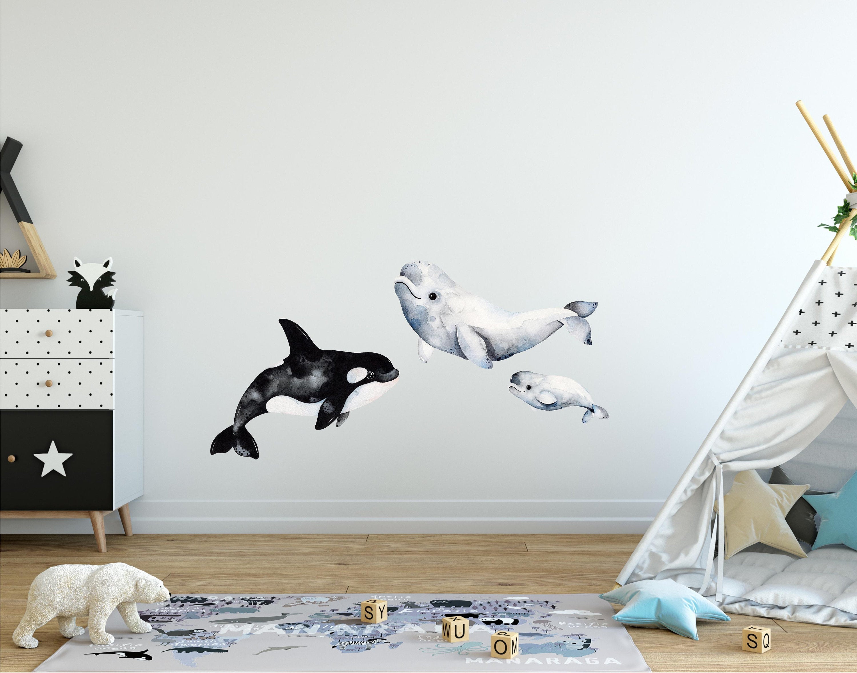 Arctic Animals Wall Decal Set #3 Watercolor Killer Orca & Beluga Whale Removable Fabric Vinyl Wall Stickers
